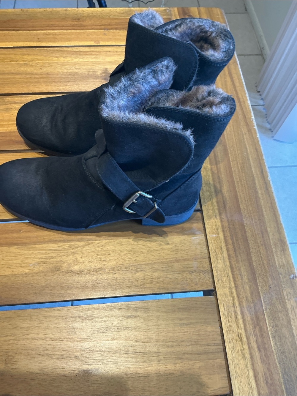 White Mountain Black Faux Suede Faux Fur Ankle Booties with Buckle - Picture 9 of 10